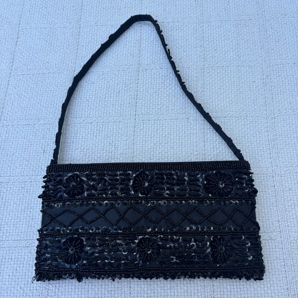 Handbags - 90's Y2K Black Beaded Sequin Embellished Mini Small Going Out Shoulder Bag